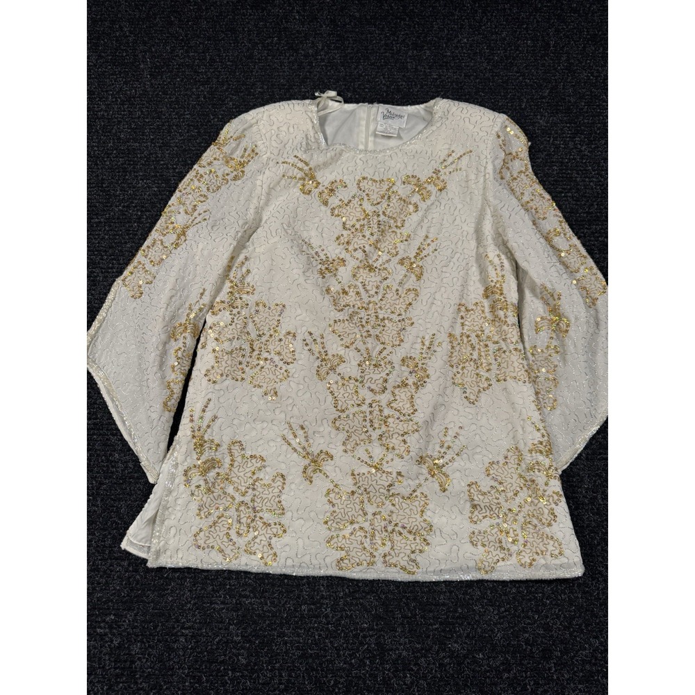 Midnight Velvet Womens M Beaded Sequin Tunic Top Ivory Gold Embellished Y2K
